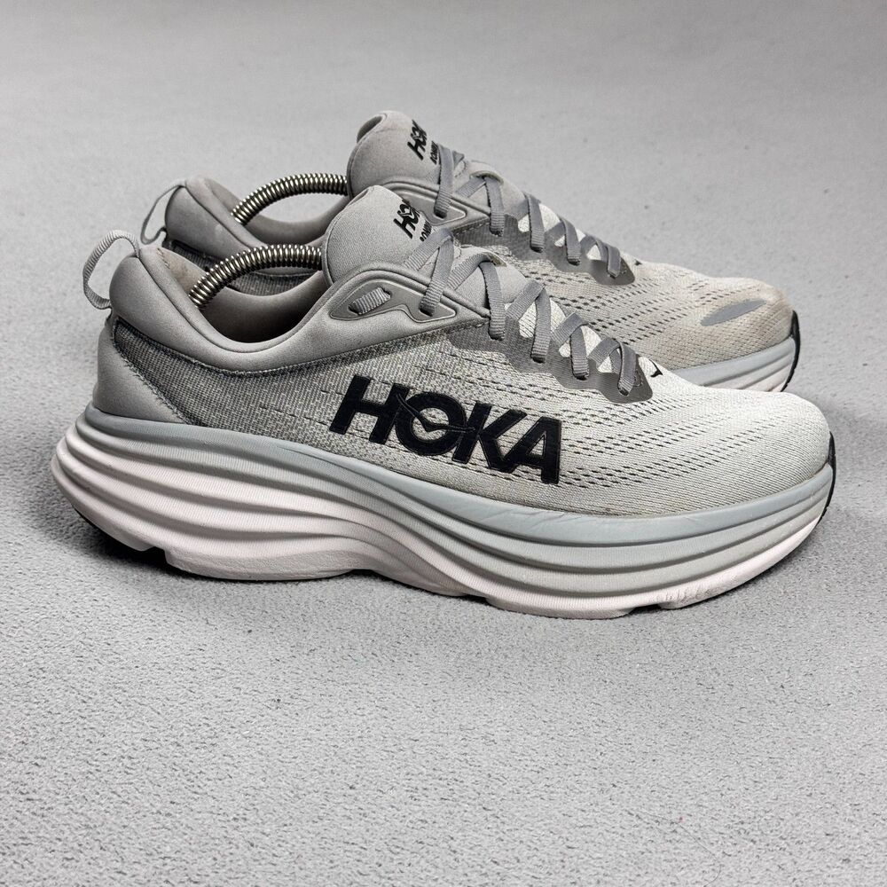 Hoka One One Bondi 8 Mens 11 US Gray Sharkskin Mesh Lace-Up Sneakers Running